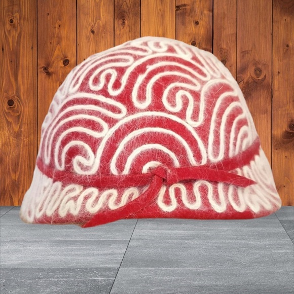 VINTAGE Wool Angora Bucket Hat Gatsby Flapper Costume Grandma Core Red Embroider - Picture 4 of 16